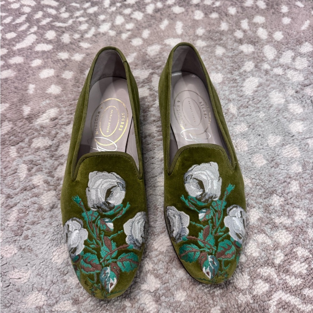 Stubbs & Wootten Olive Green Embroidered Loafers